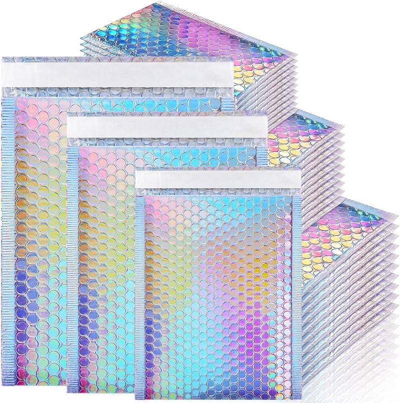 MOUCHOT Bubble Mailers, 50 Pack Holographic Bubble Mailers with 3 Sizes, Waterproof Self Seal Adhesive Foil Glitter Glamour Shipping Bags for Mailing, Packing, Small Business, Jewelry Makeup Supplies - Image 1